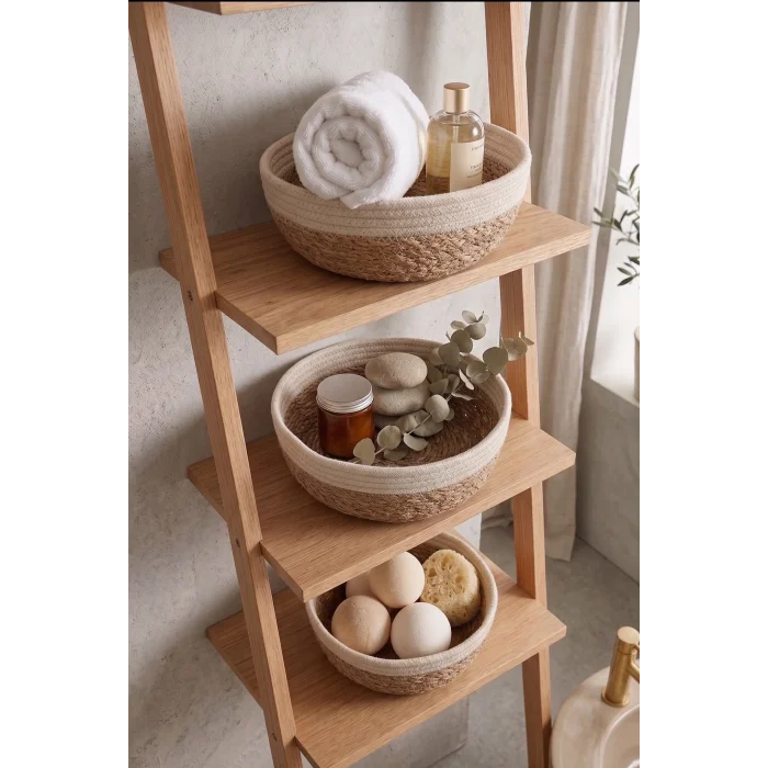 Giorgia - 3 lü Dekoratif Doğal El Örmesi Hasır Yuvarlak Sepet Seti, Meyvelik, Sabunluk, Havluluk, Banyo Organizer