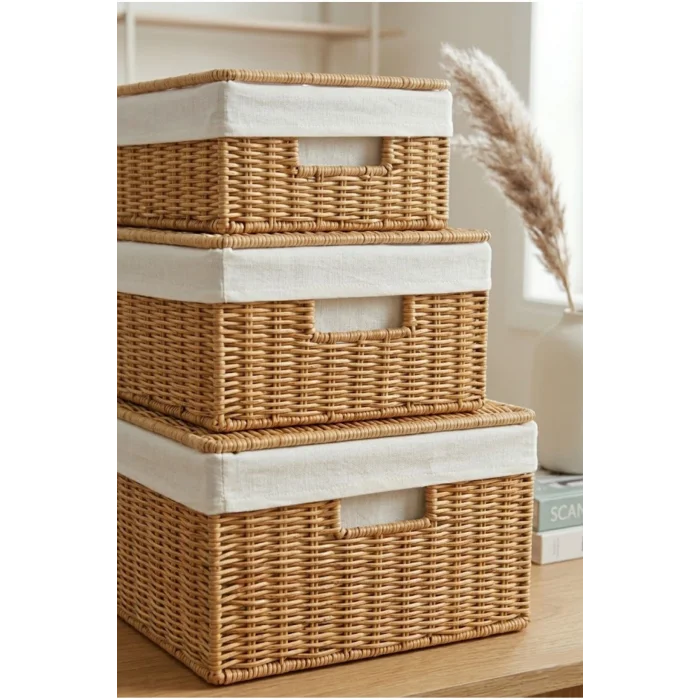 Kyle - 3 lü Rattan Kapaklı İç Korumalı Dikdörtgen Organizer Çok Amaçlı Sepet Seti