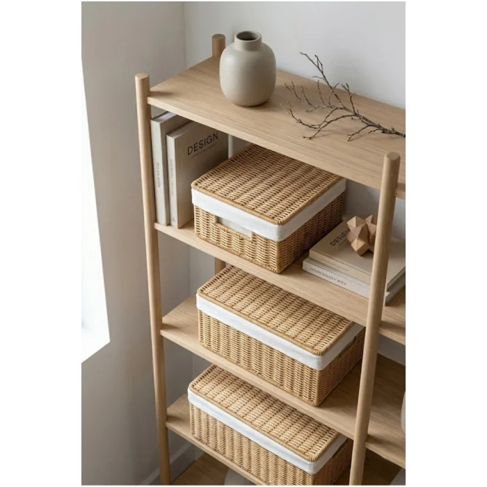 Kyle - 3 lü Rattan Kapaklı İç Korumalı Dikdörtgen Organizer Çok Amaçlı Sepet Seti