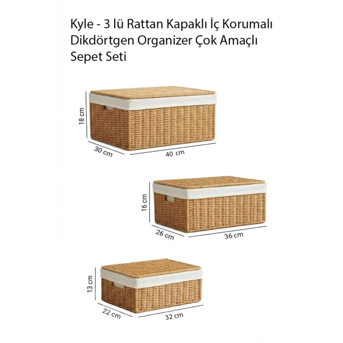 Kyle - 3 lü Rattan Kapaklı İç Korumalı Dikdörtgen Organizer Çok Amaçlı Sepet Seti