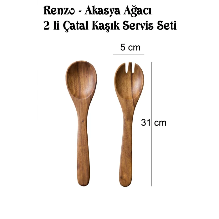 Renzo - 2 li Gerçek Akasya Ağacı Çatal Kaşık Servis Seti