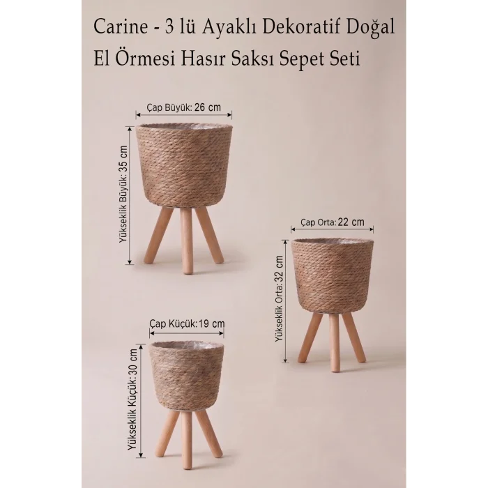 Carine - 3 lü Ayaklı Dekoratif Doğal El Örmesi Hasır Saksı Sepet Seti