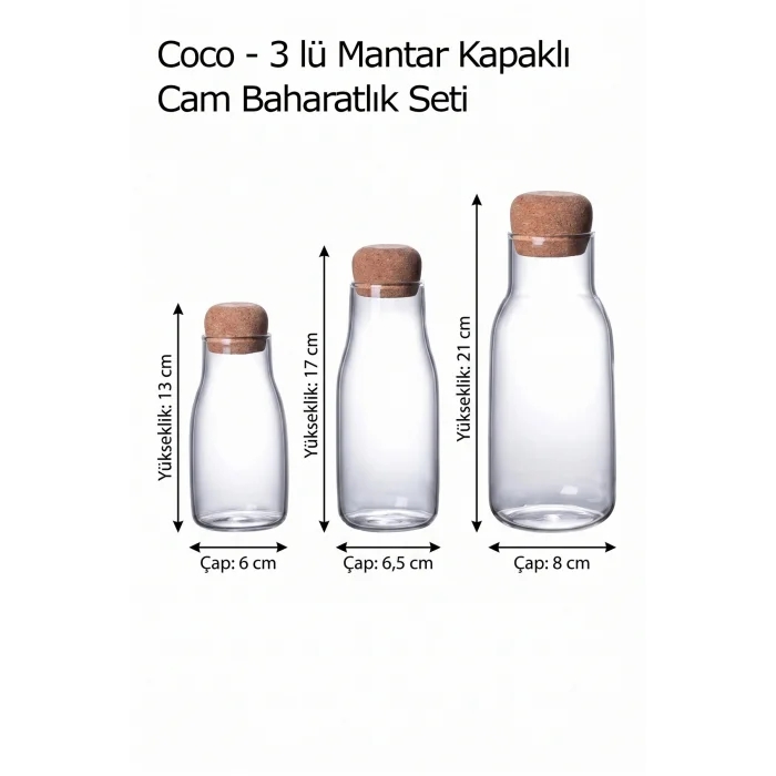 Coco - 3 lü Mantar Kapaklı Borosilikat Cam Baharatlık Seti