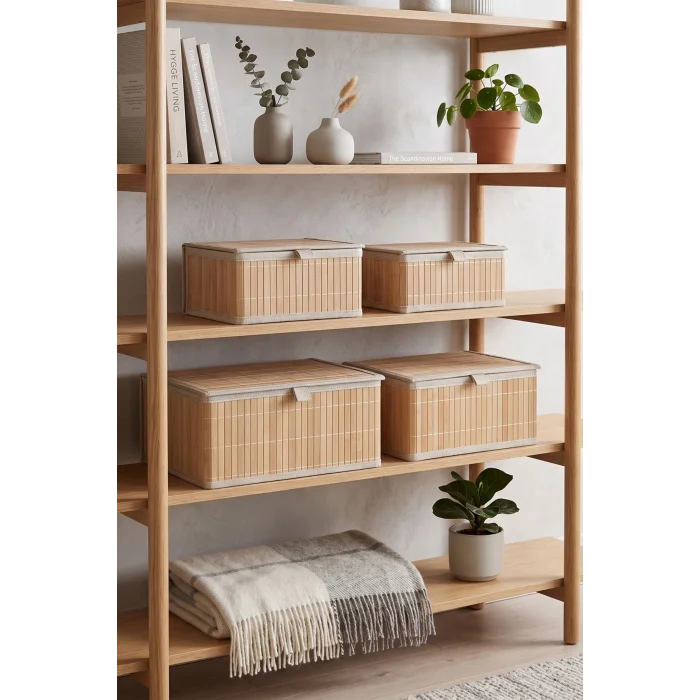 Marion - 4 lü Bambu İç Korumalı, Kapaklı, Çok Amaçlı Sepet Seti, Organizer, Düzenleyici, Saklama Kutusu