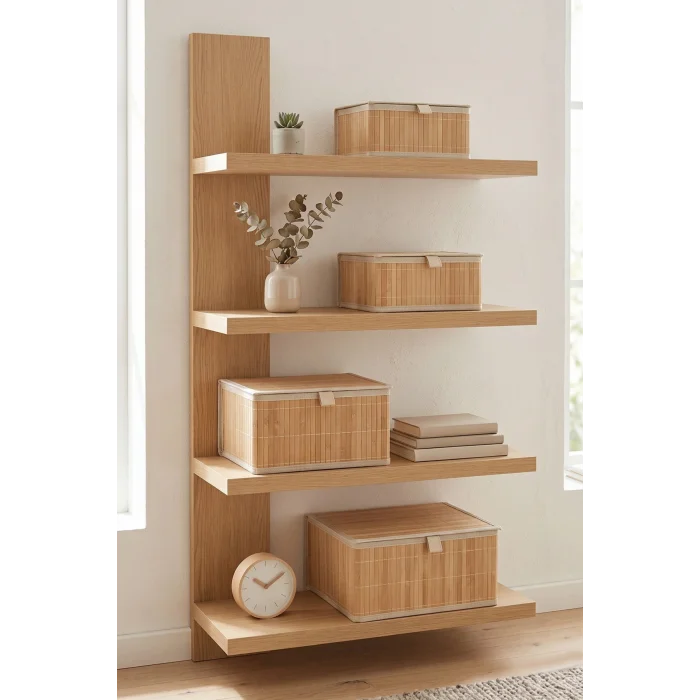 Marion - 4 lü Bambu İç Korumalı, Kapaklı, Çok Amaçlı Sepet Seti, Organizer, Düzenleyici, Saklama Kutusu