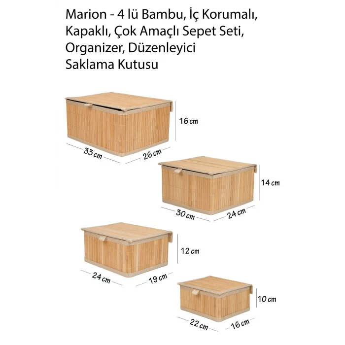 Marion - 4 lü Bambu İç Korumalı, Kapaklı, Çok Amaçlı Sepet Seti, Organizer, Düzenleyici, Saklama Kutusu