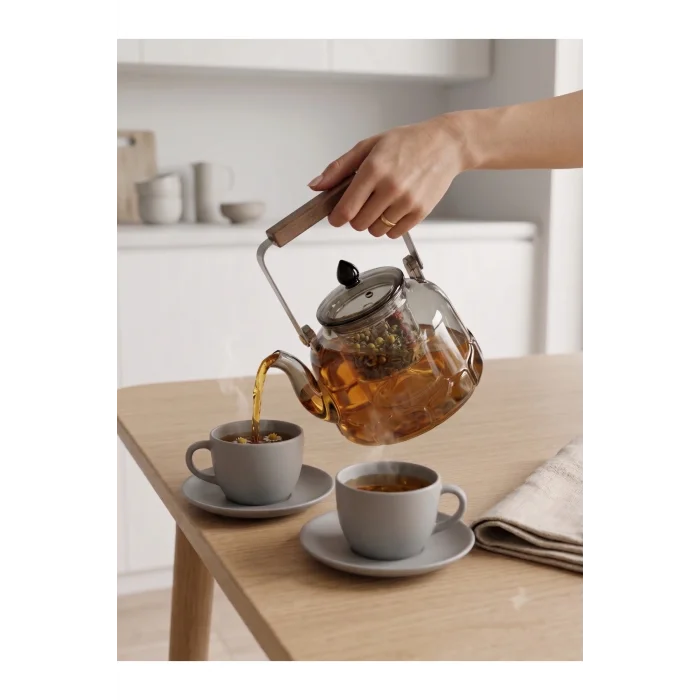 Giselle - Ahşap Saplı Çift Katlı Cam Süzgeçli Borosilikat Cam Bitki Çayı Demliği 1200 ml