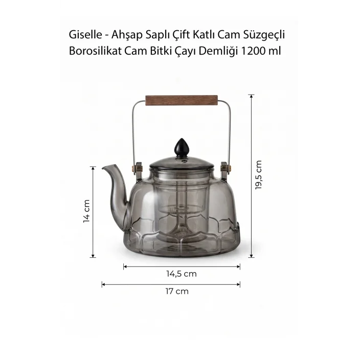 Giselle - Ahşap Saplı Çift Katlı Cam Süzgeçli Borosilikat Cam Bitki Çayı Demliği 1200 ml