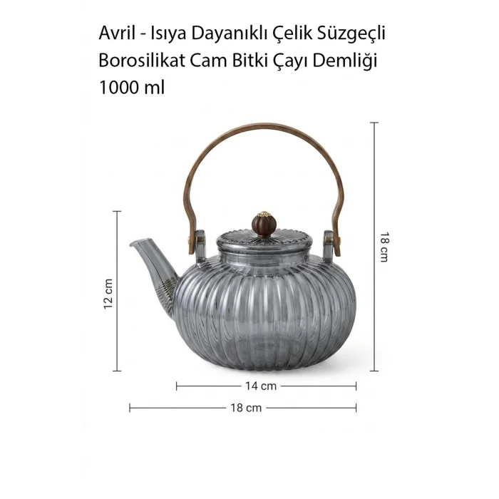 Avril - Isıya Dayanıklı Çelik Süzgeçli Borosilikat Cam Bitki Çayı Demliği 1000 ml
