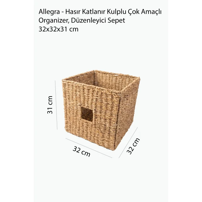 Allegra - Hasır Katlanır Kulplu Çok Amaçlı, Organizer, Düzenleyici Sepet 32x32x31 cm