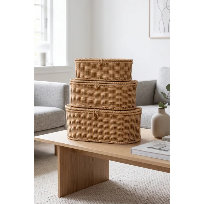 Reine - 3lü Rattan Kapaklı Dekoratif Oval Çok Amaçlı Sepet Seti, Organizer, Düzenleyici, Saklama Kutusu