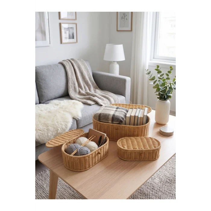 Reine - 3lü Rattan Kapaklı Dekoratif Oval Çok Amaçlı Sepet Seti, Organizer, Düzenleyici, Saklama Kutusu