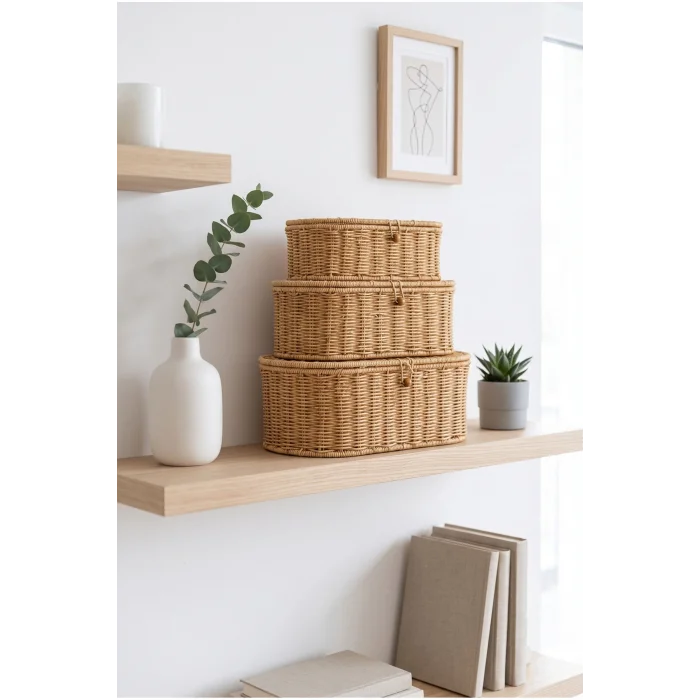 Reine - 3lü Rattan Kapaklı Dekoratif Oval Çok Amaçlı Sepet Seti, Organizer, Düzenleyici, Saklama Kutusu