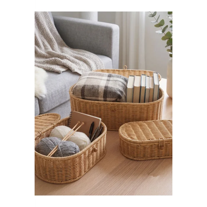 Reine - 3lü Rattan Kapaklı Dekoratif Oval Çok Amaçlı Sepet Seti, Organizer, Düzenleyici, Saklama Kutusu