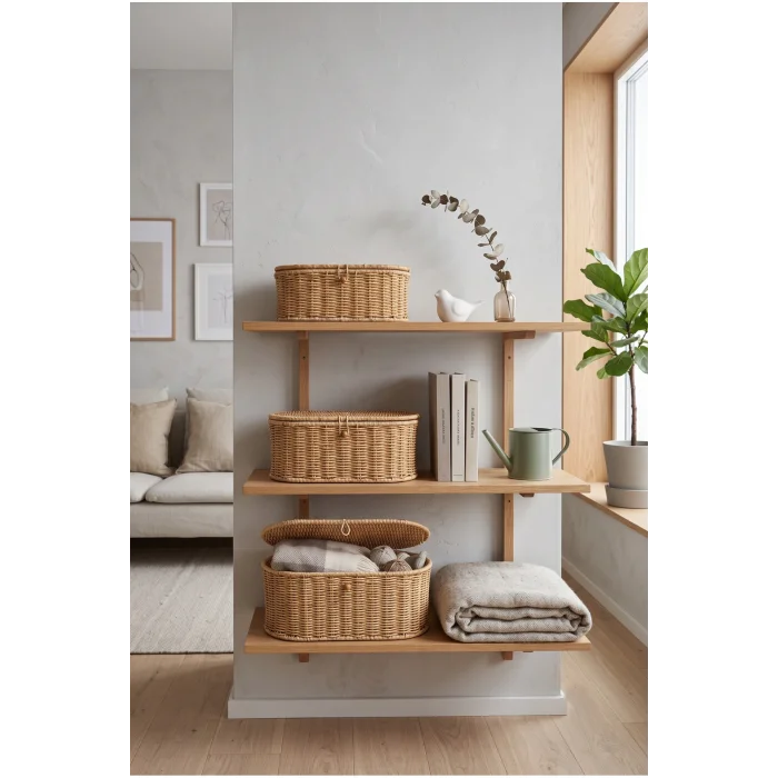 Reine - 3lü Rattan Kapaklı Dekoratif Oval Çok Amaçlı Sepet Seti, Organizer, Düzenleyici, Saklama Kutusu
