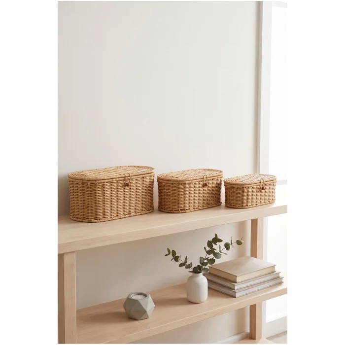 Reine - 3lü Rattan Kapaklı Dekoratif Oval Çok Amaçlı Sepet Seti, Organizer, Düzenleyici, Saklama Kutusu