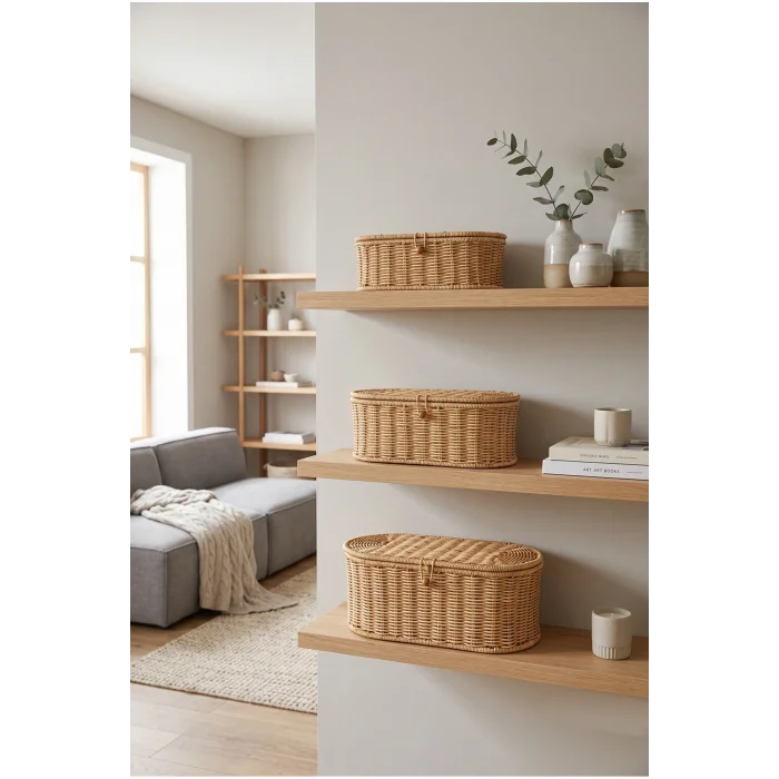 Reine - 3lü Rattan Kapaklı Dekoratif Oval Çok Amaçlı Sepet Seti, Organizer, Düzenleyici, Saklama Kutusu