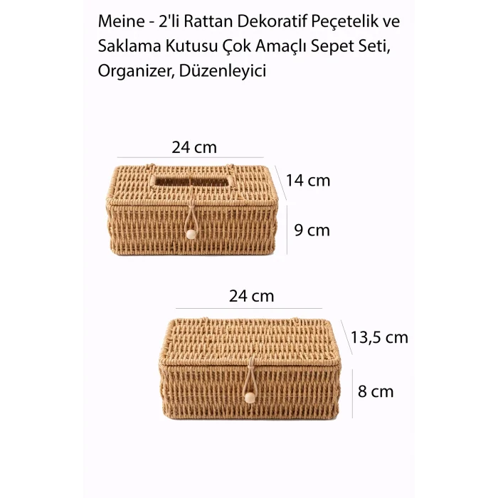 Meine - 2li Rattan Dekoratif Peçetelik ve Saklama Kutusu Çok Amaçlı Sepet Seti, Organizer, Düzenleyici