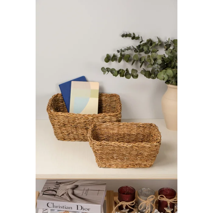Lorena- 2 li Naturel Dekoratif Kulplu Hasır Çok Amaçlı Sepet Seti, Havluluk, Banyo Organizer