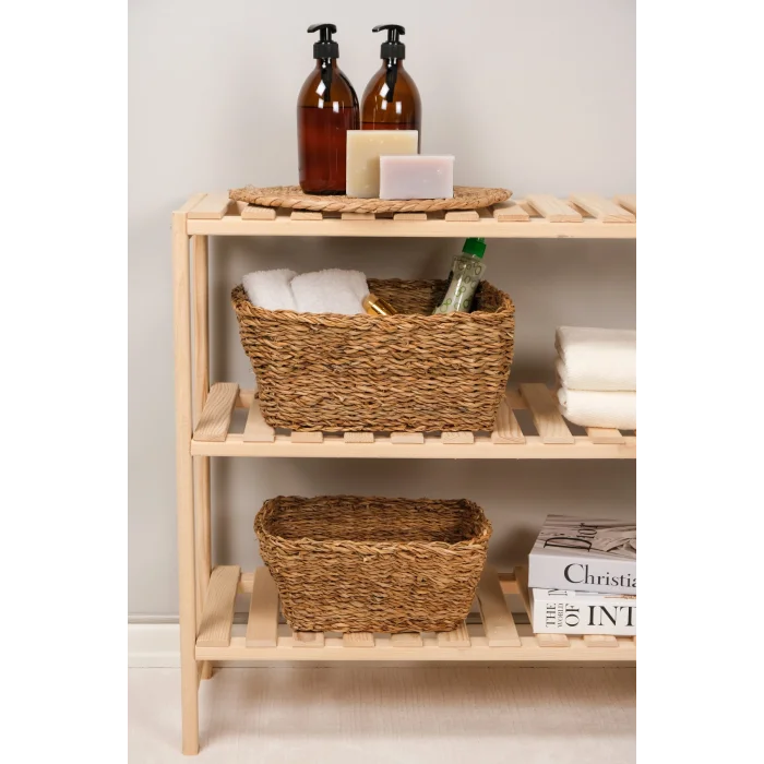 Lorena- 2 li Naturel Dekoratif Kulplu Hasır Çok Amaçlı Sepet Seti, Havluluk, Banyo Organizer