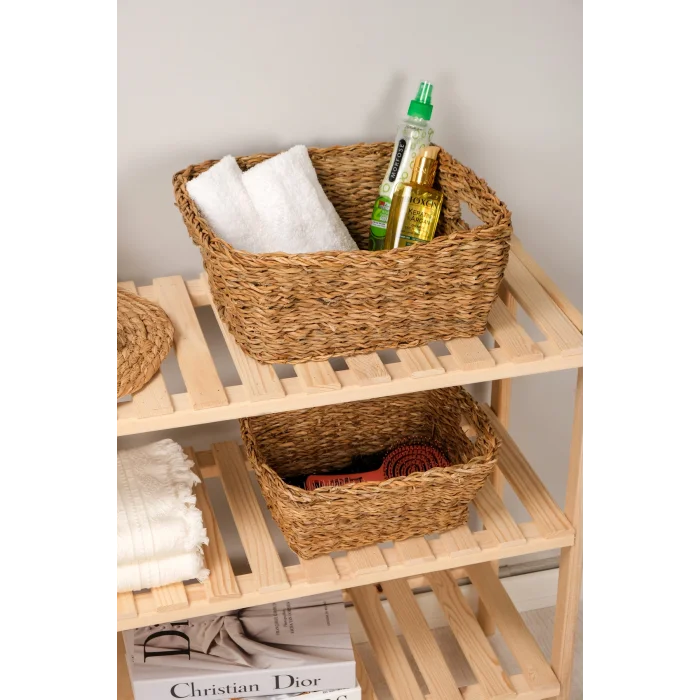 Lorena- 2 li Naturel Dekoratif Kulplu Hasır Çok Amaçlı Sepet Seti, Havluluk, Banyo Organizer