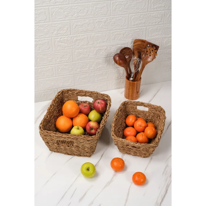 Lorena- 2 li Naturel Dekoratif Kulplu Hasır Çok Amaçlı Sepet Seti, Havluluk, Banyo Organizer