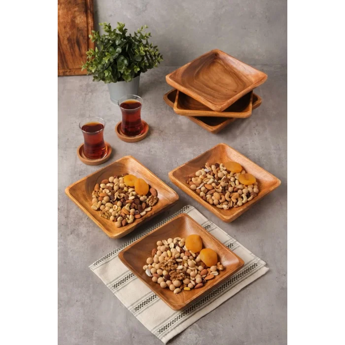 Bella - Akasya 6 Lı Kare Servis, Kahvaltı, Pasta, Sunum Tabak Seti