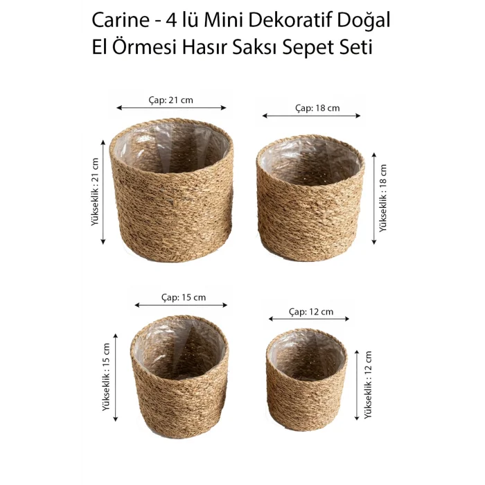 Carine - 4 lü Mini Dekoratif Doğal El Örmesi Hasır Saksı Sepet Seti