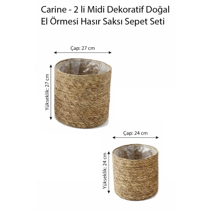 Carine - 2 li Midi Dekoratif Doğal El Örmesi Hasır Saksı Sepet Seti