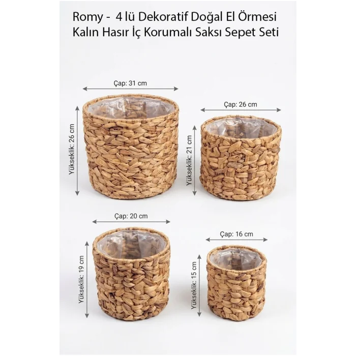 Romy - 4 lü Dekoratif Doğal El Örmesi Kalın Hasır İç Korumalı Saksı Sepet Seti
