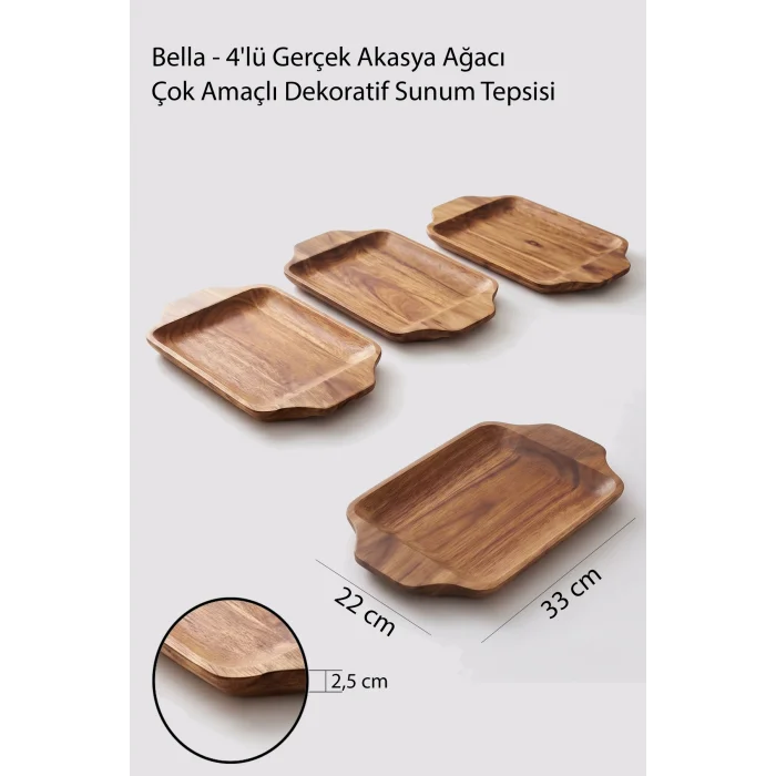 Bella - 4lü Gerçek Akasya Ağacı Çok Amaçlı Dekoratif Sunum Tepsisi