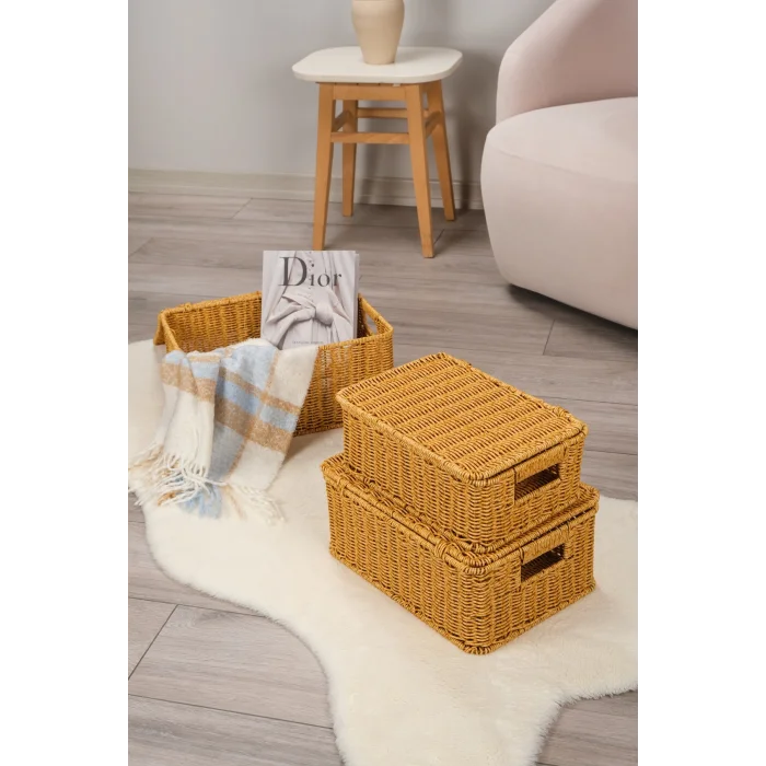 Roberta -3 lü Rattan Kapaklı Dikdörtgen Organizer Çok Amaçlı Sepet Seti