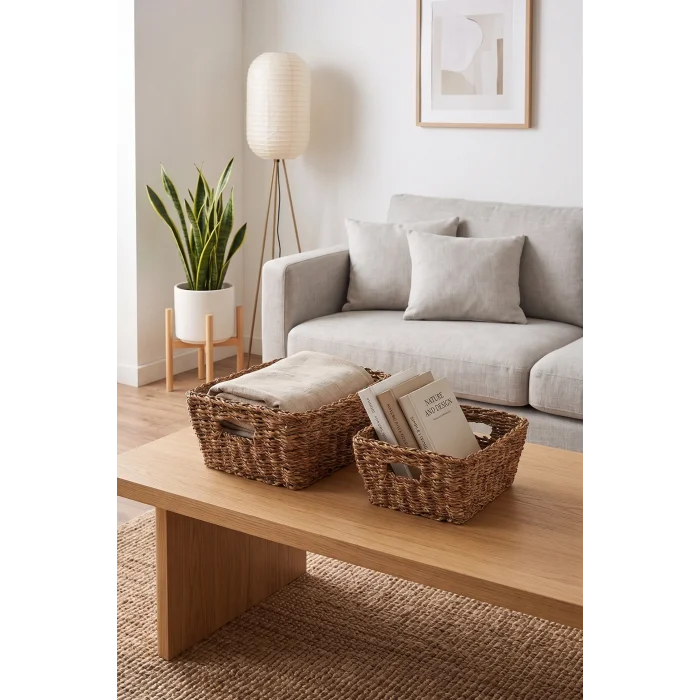 Alessia - 2 li Naturel Dekoratif Kulplu Hasır Çok Amaçlı Sepet Seti, Havluluk, Banyo Organizer