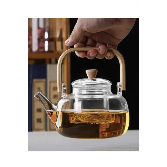 Anais Bambu Saplı Cam Süzgeçli Cam Bitki Çayı Demliği 1100 Ml