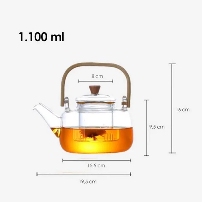 Anais Bambu Saplı Cam Süzgeçli Cam Bitki Çayı Demliği 1100 Ml