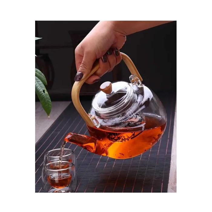 Anais Bambu Saplı Cam Süzgeçli Cam Bitki Çayı Demliği 1100 Ml