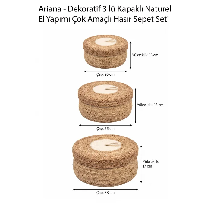 Ariana - Dekoratif 3 lü Hasır Kapaklı Naturel El Yapımı Çok Amaçlı Sepet Seti