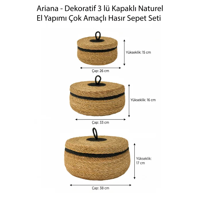 Ariana - Dekoratif 3 lü Hasır Kapaklı Naturel El Yapımı Çok Amaçlı Sepet Seti