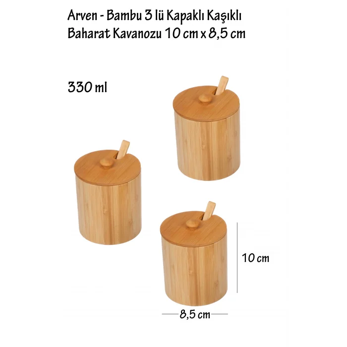 Arven - Bambu 3 lü Kapaklı Kaşıklı Baharat Kavanozu 10 cm x 8,5 cm