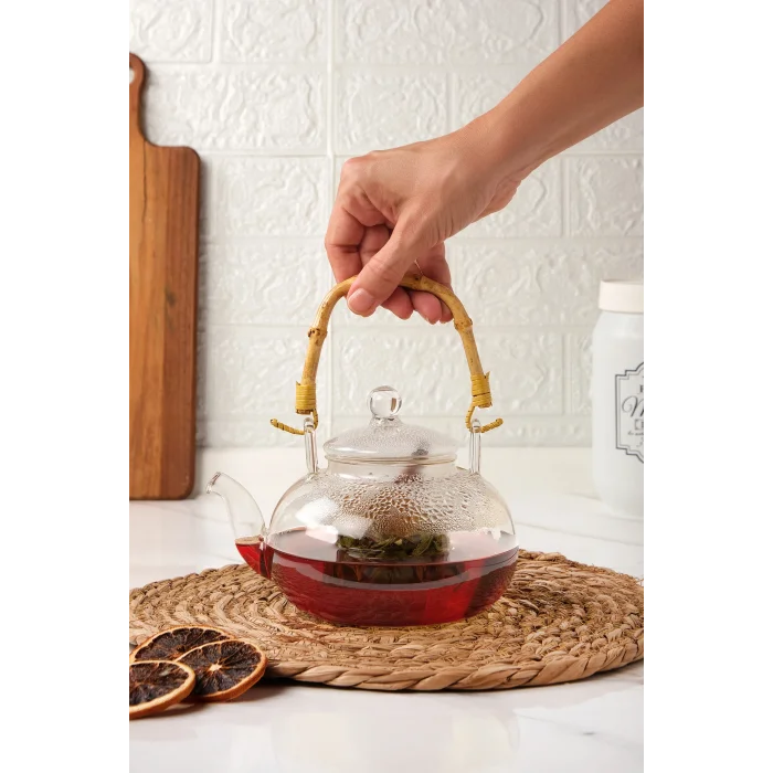 Colletta - Bambu Saplı Cam Süzgeçli Cam Bitki Çayı Demliği 1000 Ml