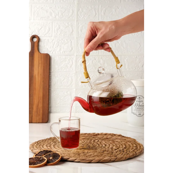 Colletta - Bambu Saplı Cam Süzgeçli Cam Bitki Çayı Demliği 1000 Ml