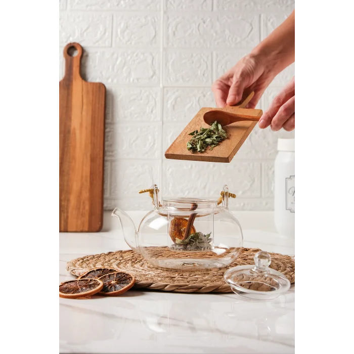 Colletta - Bambu Saplı Cam Süzgeçli Cam Bitki Çayı Demliği 1000 Ml