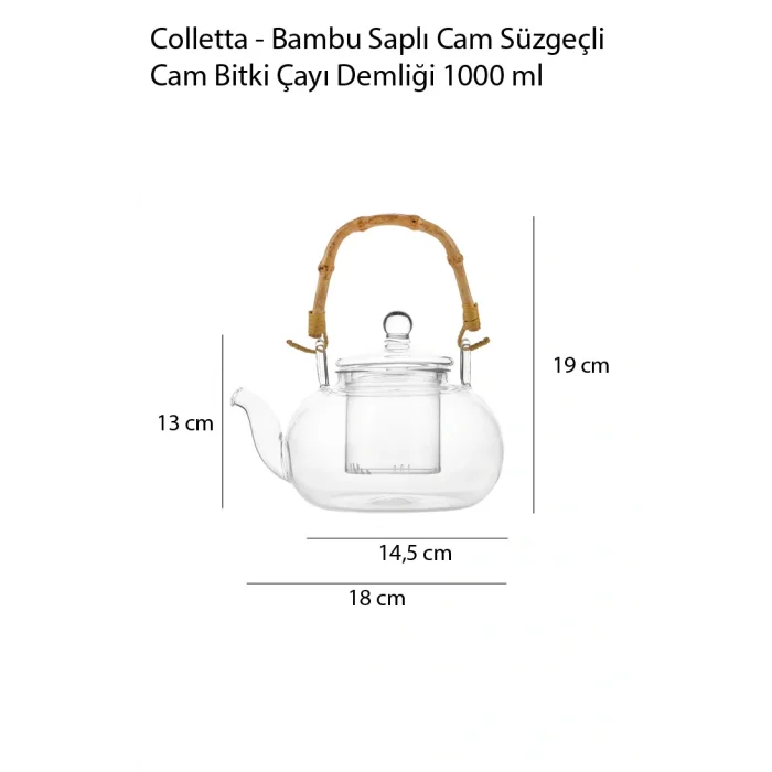Colletta - Bambu Saplı Cam Süzgeçli Cam Bitki Çayı Demliği 1000 Ml