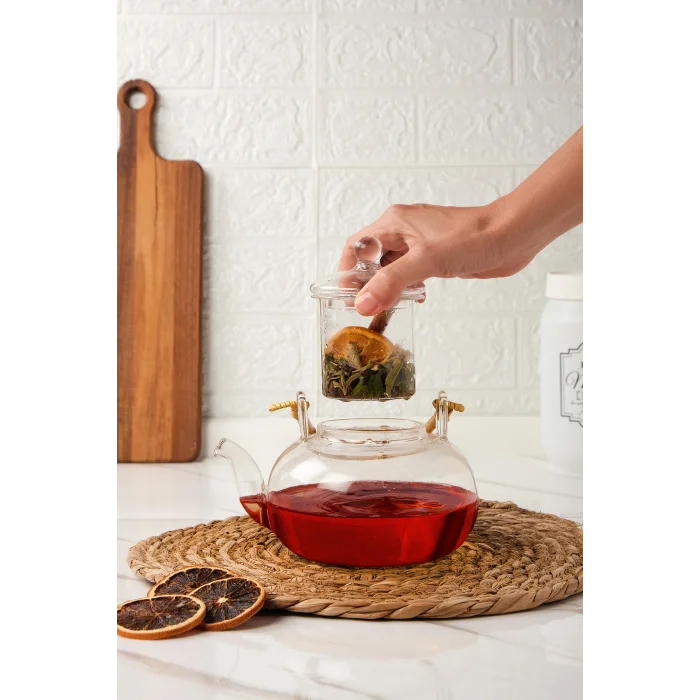 Colletta - Bambu Saplı Cam Süzgeçli Cam Bitki Çayı Demliği 1000 Ml