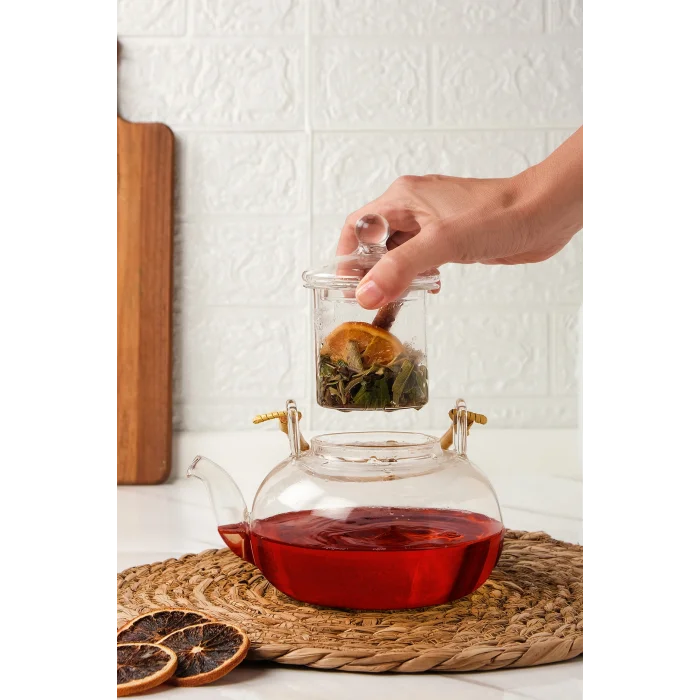 Colletta - Bambu Saplı Cam Süzgeçli Cam Bitki Çayı Demliği 1200 Ml