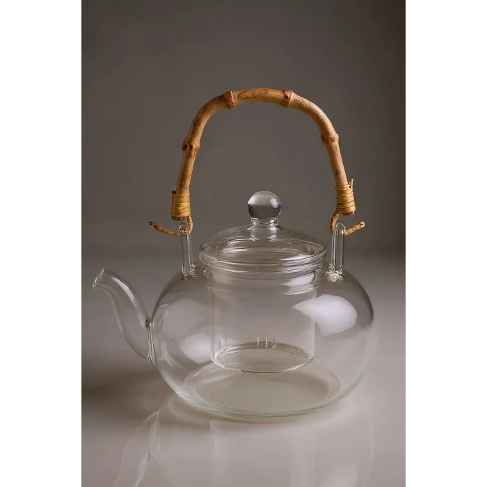 Colletta - Bambu Saplı Cam Süzgeçli Cam Bitki Çayı Demliği 1200 Ml