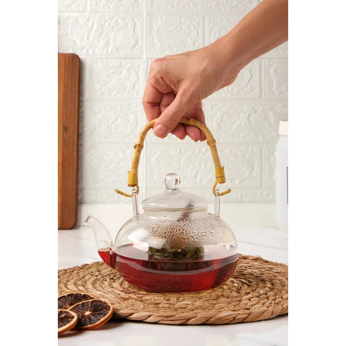 Colletta - Bambu Saplı Cam Süzgeçli Cam Bitki Çayı Demliği 1200 Ml