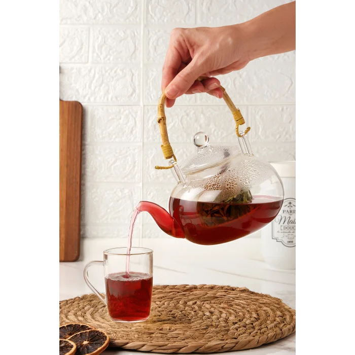 Colletta - Bambu Saplı Cam Süzgeçli Cam Bitki Çayı Demliği 1200 Ml