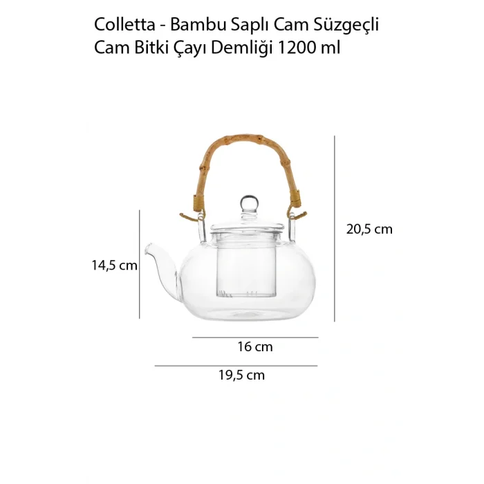 Colletta - Bambu Saplı Cam Süzgeçli Cam Bitki Çayı Demliği 1200 Ml