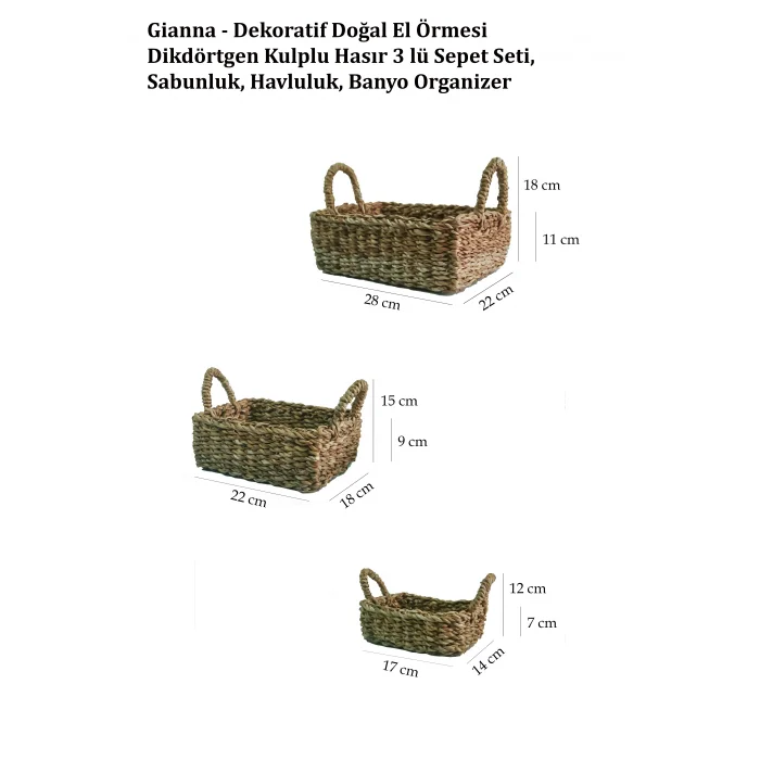 Gianna - Dekoratif Doğal El Örmesi Dikdörtgen Kulplu Hasır 3 Lü Sepet Seti, Banyo Organizer